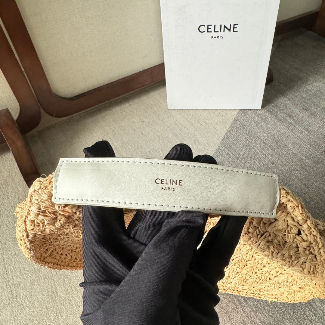 CELINE PANIER HOBO BAG 33 IN RAFFIA AND CALFSKIN LOGO WHITE