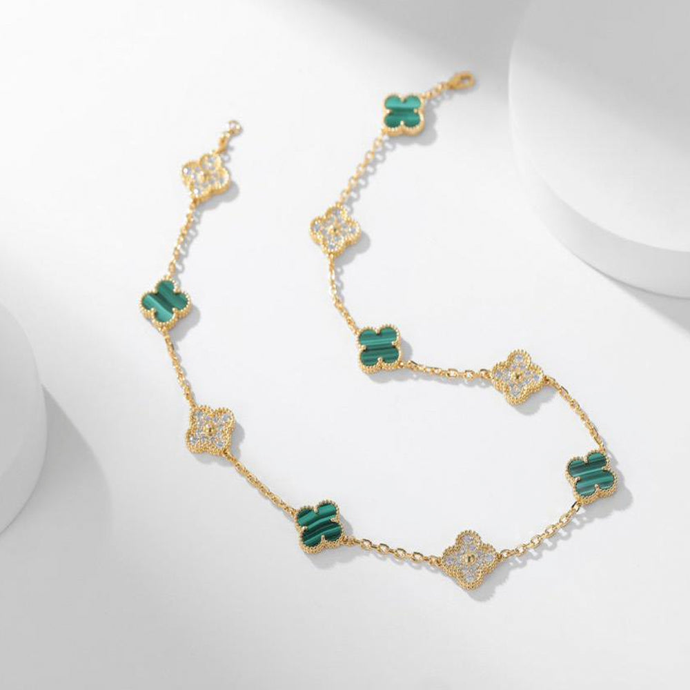 [Baslove]CLOVER 10 MOTIF MALACHITE DIAMOND NECKLACE