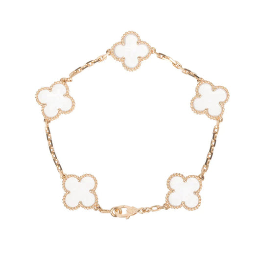 [Baslove]CLOVER 5 MOTIF ROCK CRYSTAL PINK GOLD BRACELET