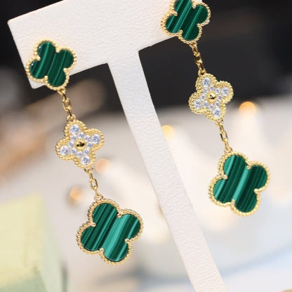 [Baslove]CLOVER EARRINGS GOLD MALACHITE DIAMOND 3 MOTIF