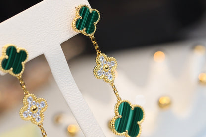 [Baslove]CLOVER EARRINGS GOLD MALACHITE DIAMOND 3 MOTIF