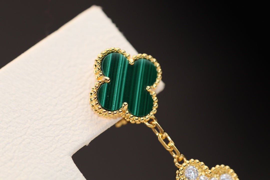 [Baslove]CLOVER EARRINGS GOLD MALACHITE DIAMOND 3 MOTIF