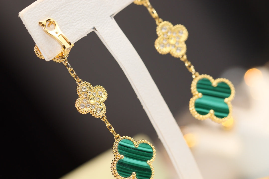 [Baslove]CLOVER EARRINGS GOLD MALACHITE DIAMOND 3 MOTIF