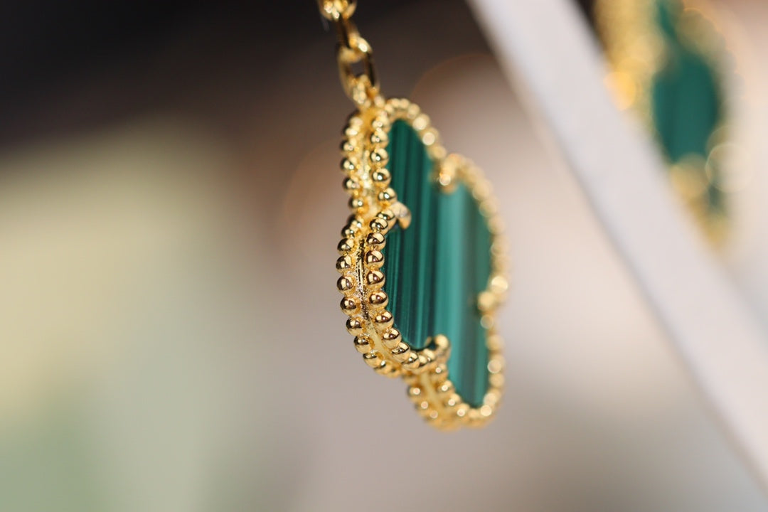 [Baslove]CLOVER EARRINGS GOLD MALACHITE DIAMOND 3 MOTIF