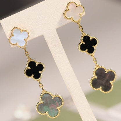 [Baslove]CLOVER EARRINGS GOLD ONYX MOP 3 MOTIF