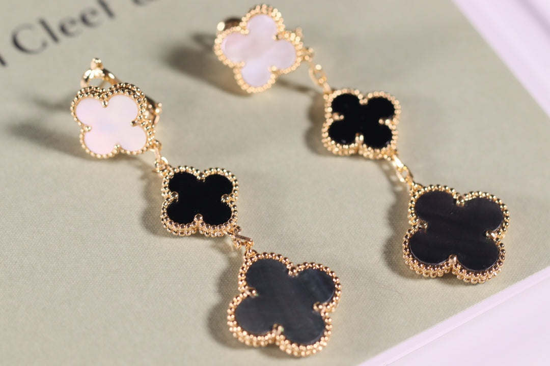 [Baslove]CLOVER EARRINGS GOLD ONYX MOP 3 MOTIF