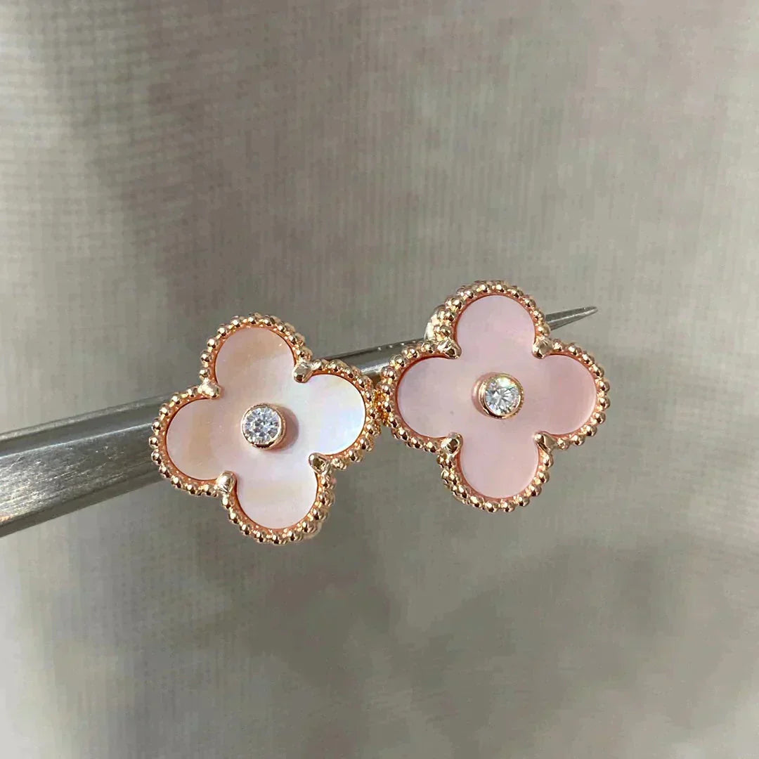 [Baslove]CLOVER MEDIUM 1 MOTIFS  PINK MOP DIAMOND EARRINGS