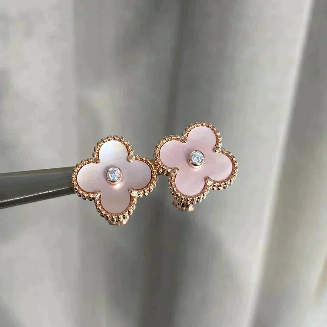 [Baslove]CLOVER MEDIUM 1 MOTIFS  PINK MOP DIAMOND EARRINGS