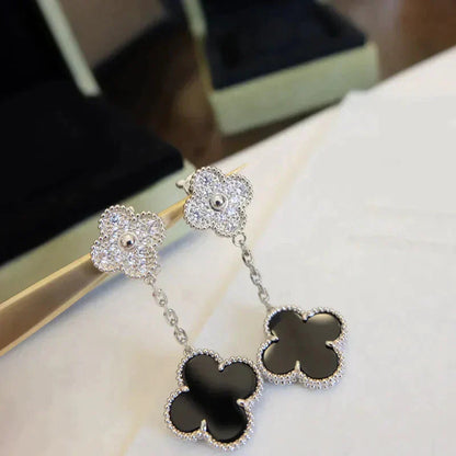 [Baslove]CLOVER 2 MOTIFS  DIAMOND ONYX EARRINGS SILVER