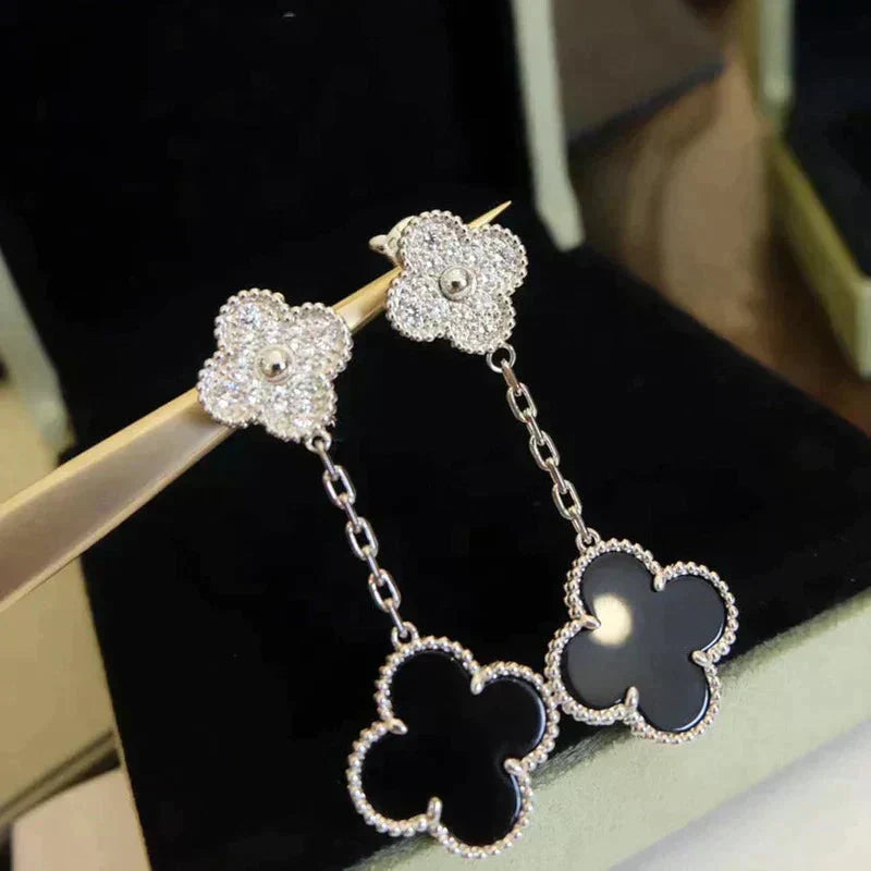 [Baslove]CLOVER 2 MOTIFS  DIAMOND ONYX EARRINGS SILVER