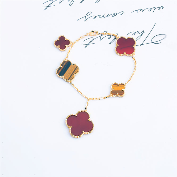 [Baslove]CLOVER BRACELET 5 MOTIFS CARNELIAN TIGER EYE