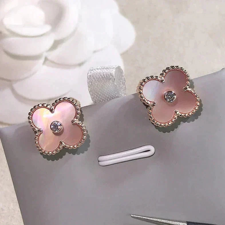 [Baslove]CLOVER MEDIUM 1 MOTIFS  PINK MOP DIAMOND EARRINGS