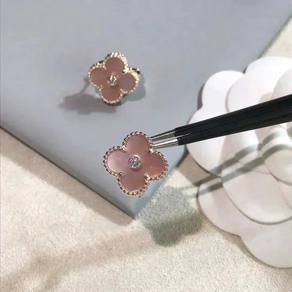 [Baslove]CLOVER MEDIUM 1 MOTIFS  PINK MOP DIAMOND EARRINGS