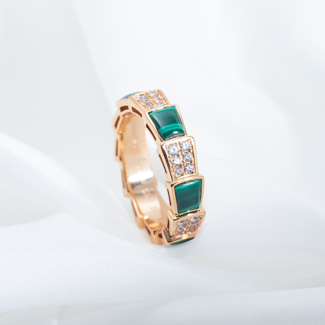 [Baslove]SERPENTI RING PINK GOLD MALACHITE DIAMOND PAVED 4MM