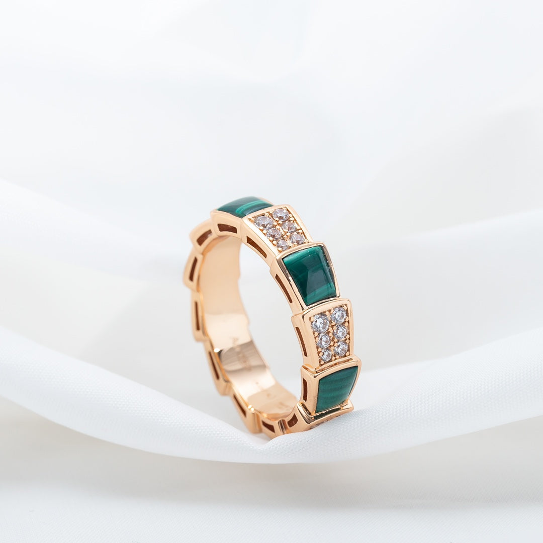 [Baslove]SERPENTI RING PINK GOLD MALACHITE DIAMOND PAVED 4MM