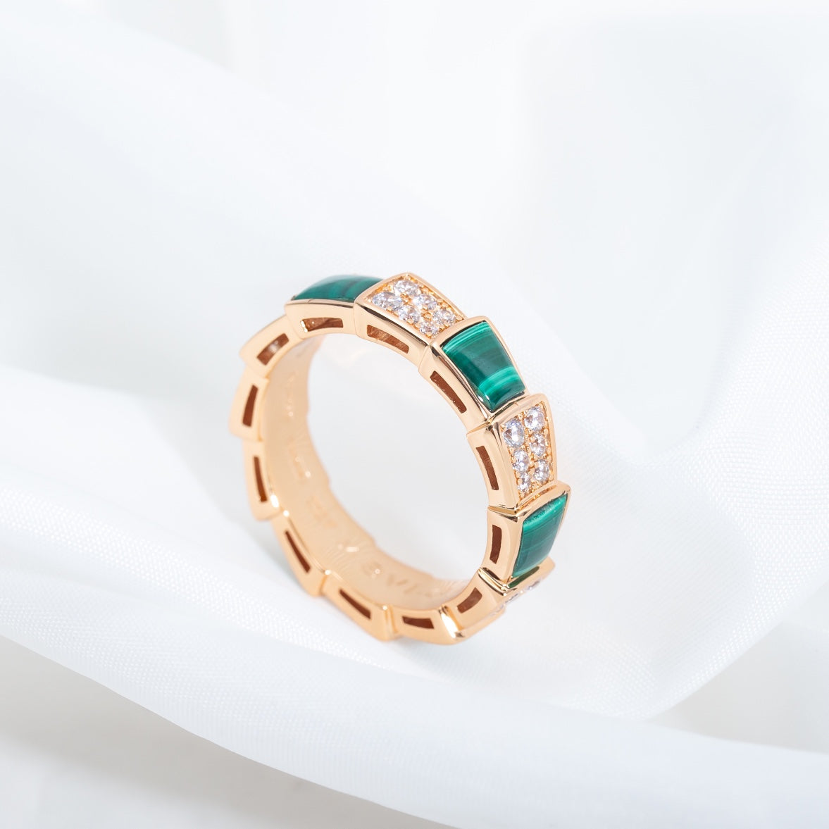 [Baslove]SERPENTI RING PINK GOLD MALACHITE DIAMOND PAVED 4MM