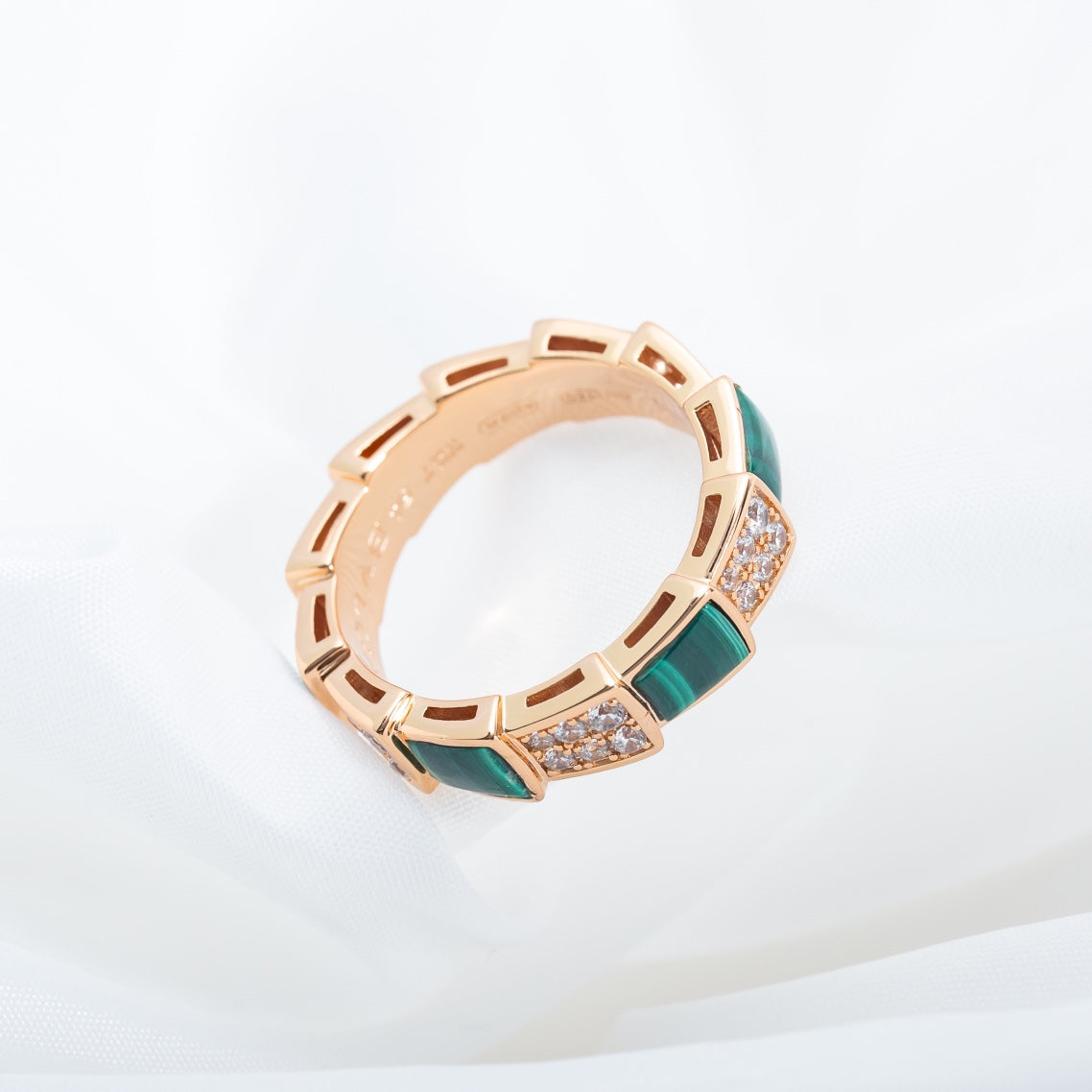 [Baslove]SERPENTI RING PINK GOLD MALACHITE DIAMOND PAVED 4MM