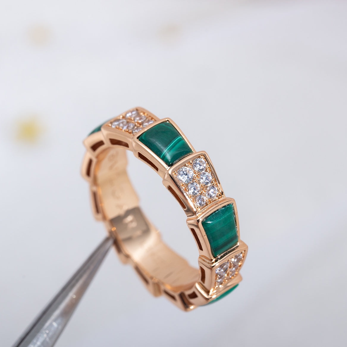 [Baslove]SERPENTI RING PINK GOLD MALACHITE DIAMOND PAVED 4MM