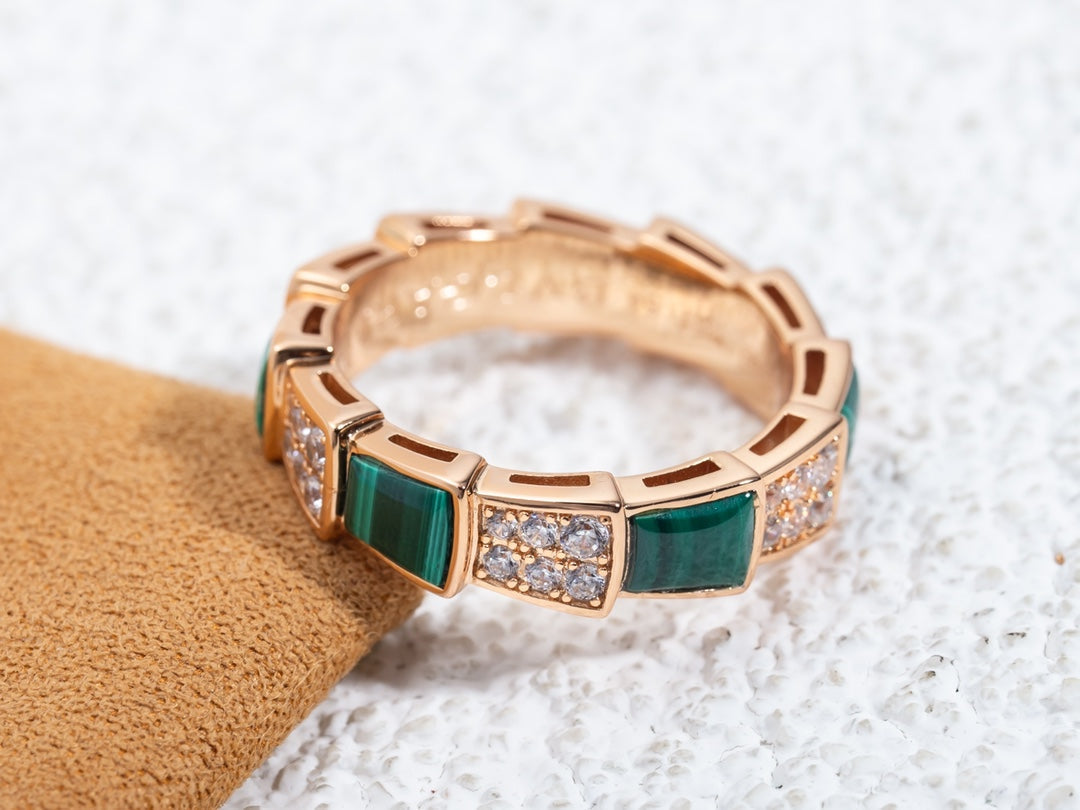 [Baslove]SERPENTI RING PINK GOLD MALACHITE DIAMOND PAVED 4MM