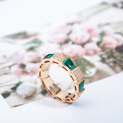 [Baslove]SERPENTI RING PINK GOLD MALACHITE DIAMOND PAVED 4MM