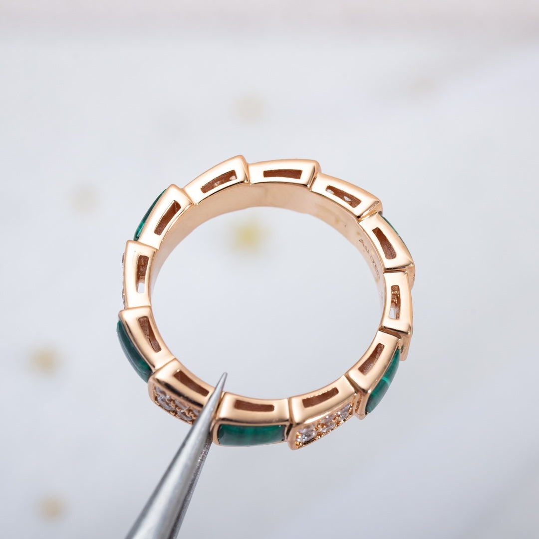 [Baslove]SERPENTI RING PINK GOLD MALACHITE DIAMOND PAVED 4MM