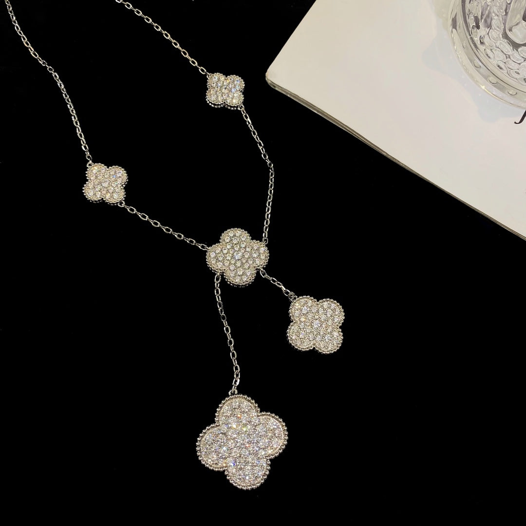 [Baslove]CLOVER 5 MOTIFS SILVER DIAMONDS NECKLACE