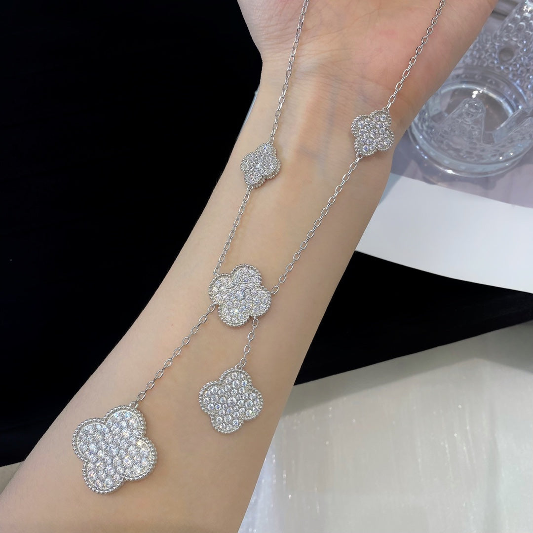 [Baslove]CLOVER 5 MOTIFS SILVER DIAMONDS NECKLACE