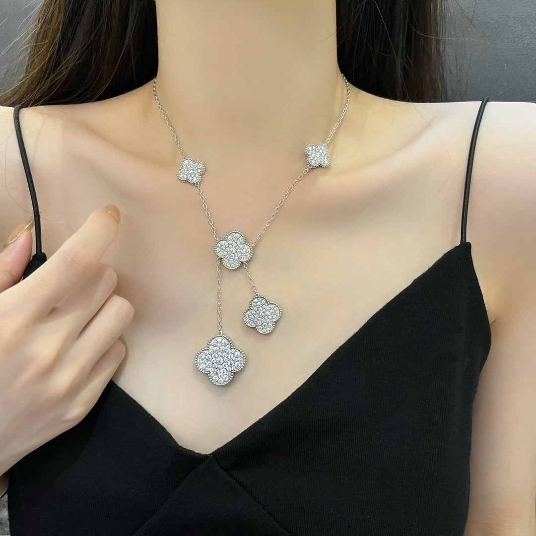 [Baslove]CLOVER 5 MOTIFS SILVER DIAMONDS NECKLACE