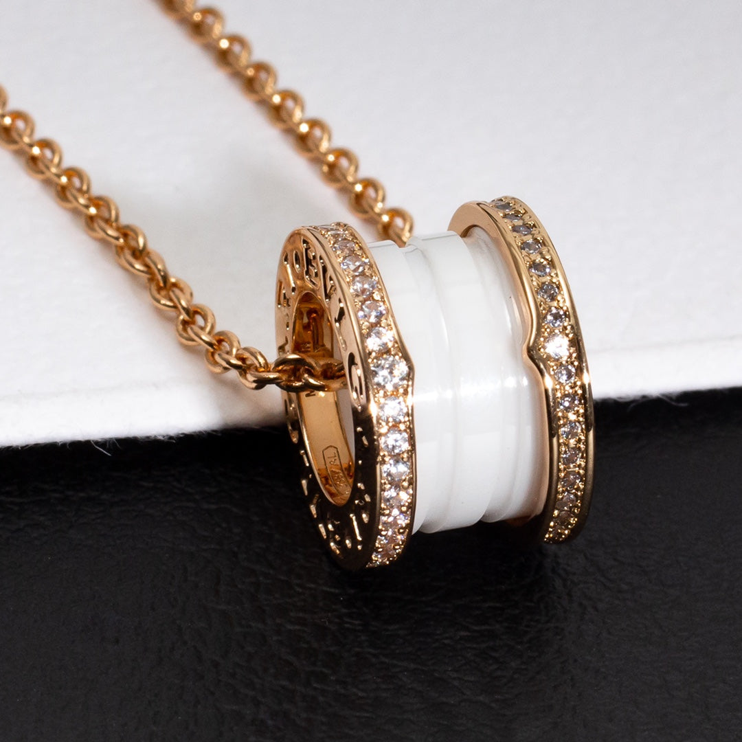 [Baslove]ZERO 1 WHITE CERAMIC PINK GOLD DIAMOND NECKLACE