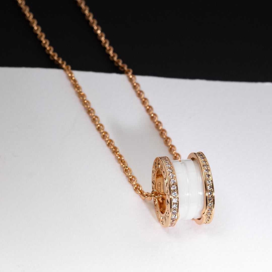 [Baslove]ZERO 1 WHITE CERAMIC PINK GOLD DIAMOND NECKLACE