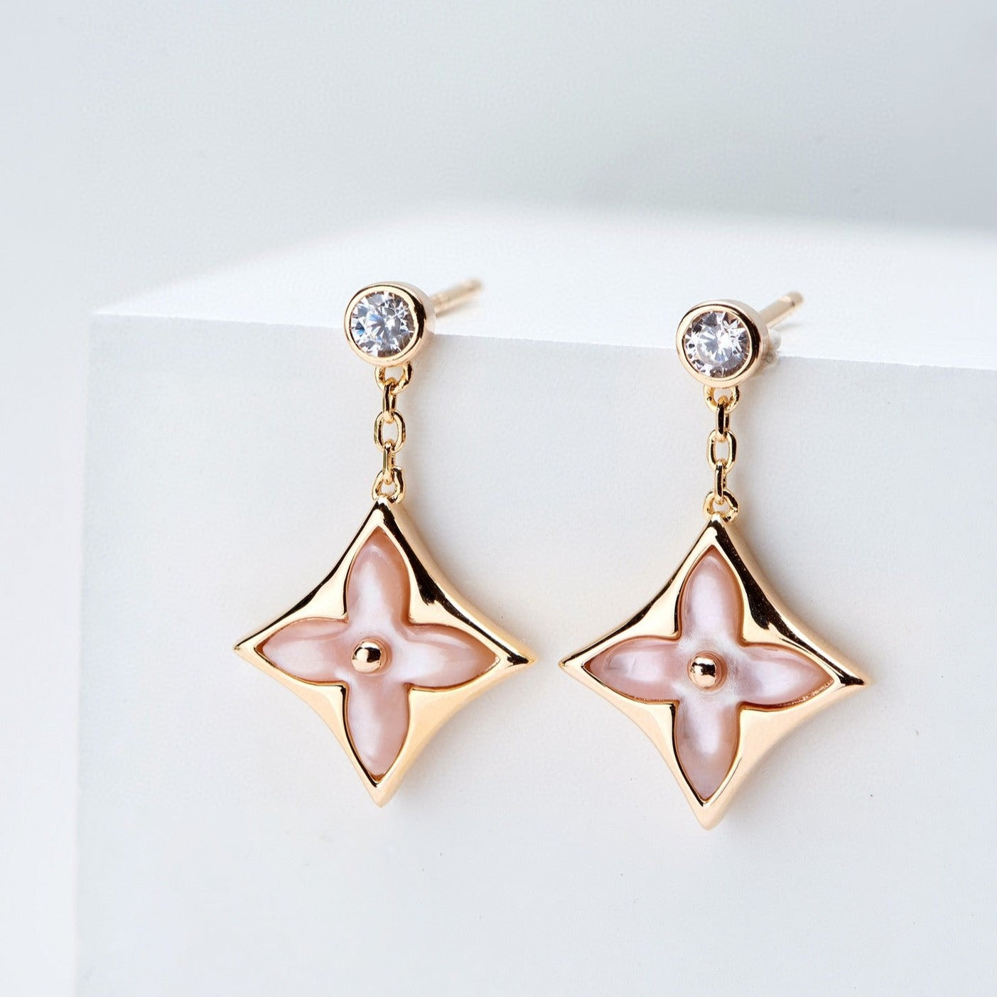 [Baslove]DOUBLE STAR PINK GOLD MOP DROP EARRINGS