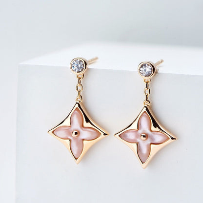 [Baslove]DOUBLE STAR PINK GOLD MOP DROP EARRINGS