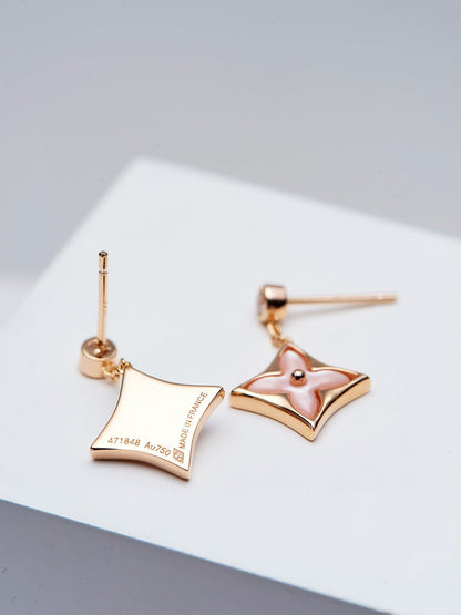 [Baslove]DOUBLE STAR PINK GOLD MOP DROP EARRINGS