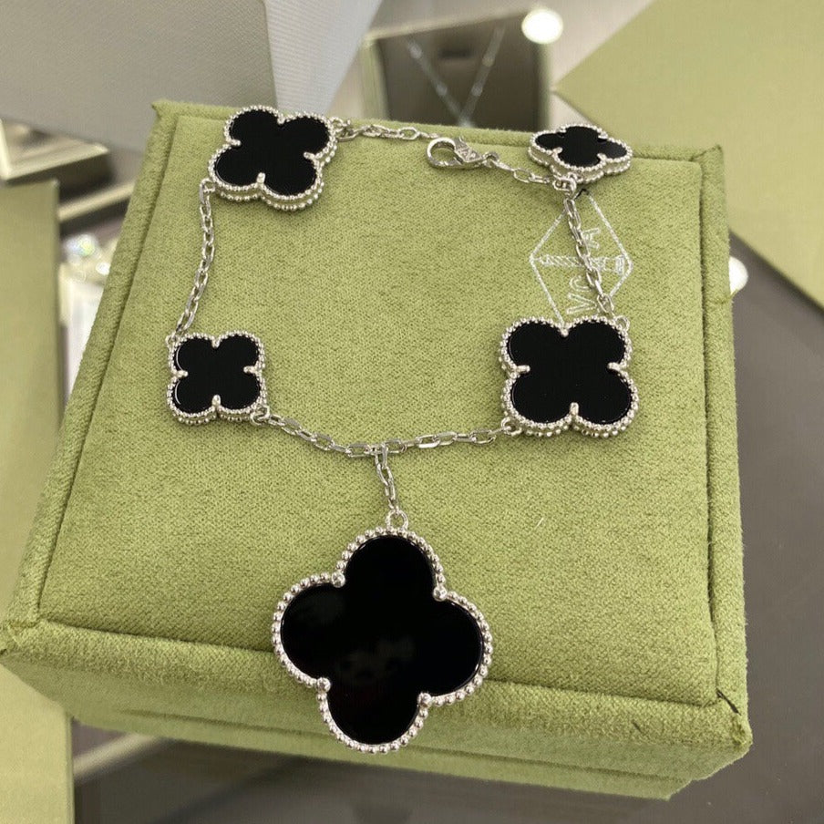 [AURORA]CLOVER 5 MOTIFS SIVLER ONYX BRACELET