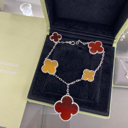 [Baslove]CLOVER 5 MOTIFS SIVLER CARNELIAN TIGER EYE BRACELET