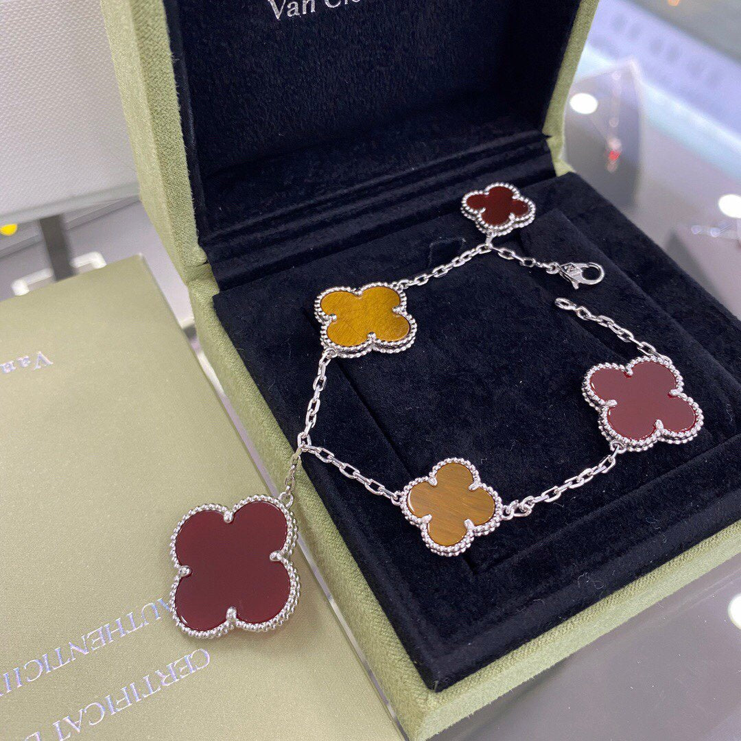 [basloveJW]クローバー5モチーフシルバーカーネリアンタイガーアイブレスレット