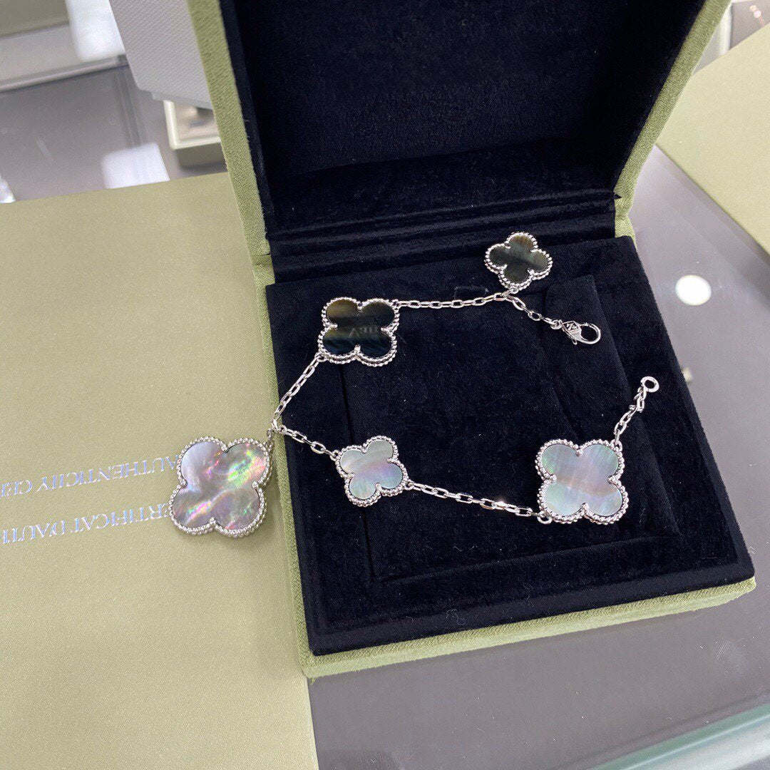 [AURORA]CLOVER 5 MOTIFS SIVLER DARK MOP BRACELET
