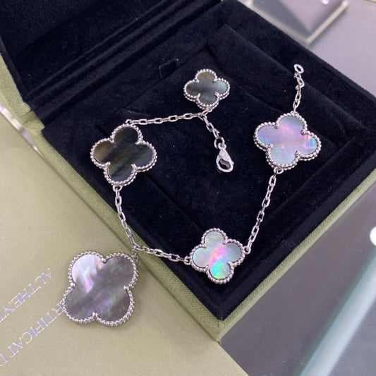 [AURORA]CLOVER 5 MOTIFS SIVLER DARK MOP BRACELET