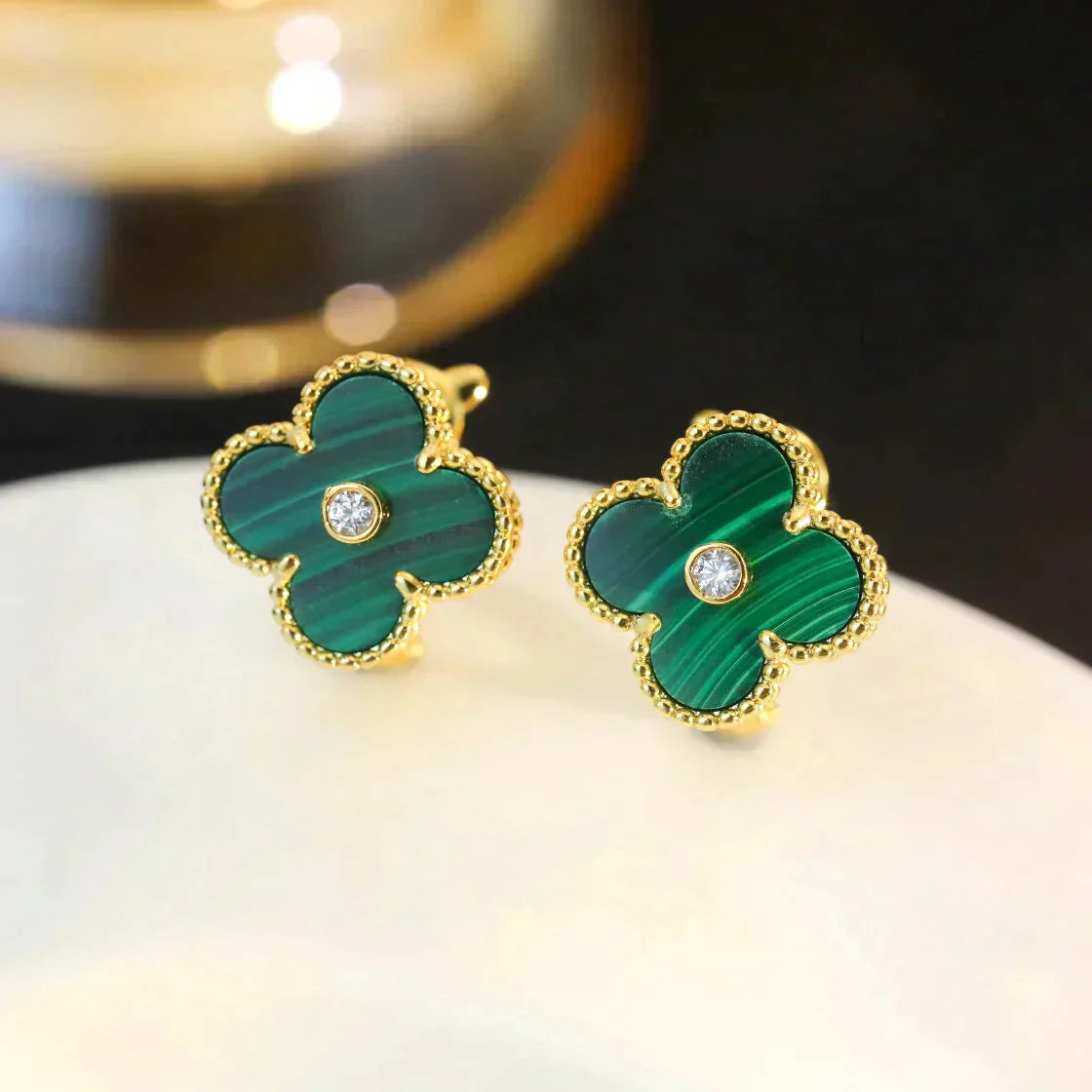 [Baslove]CLOVER MEDIUM 1 MOTIFS MALACHITE DIAMOND EARRINGS