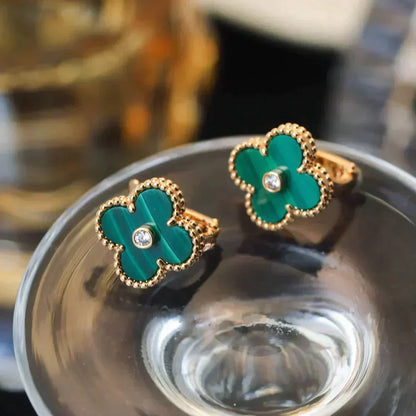 [Baslove]CLOVER MEDIUM 1 MOTIFS MALACHITE DIAMOND EARRINGS