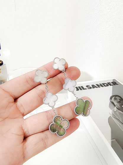 [Baslove]CLOVER 3 MOTIFS CHALCEDONY DARK MOP SILVER EARRINGS