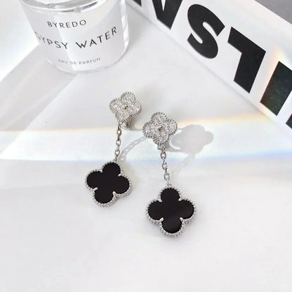 [Baslove]CLOVER 2 MOTIFS  DIAMOND ONYX EARRINGS SILVER