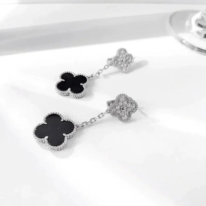 [Baslove]CLOVER 2 MOTIFS  DIAMOND ONYX EARRINGS SILVER