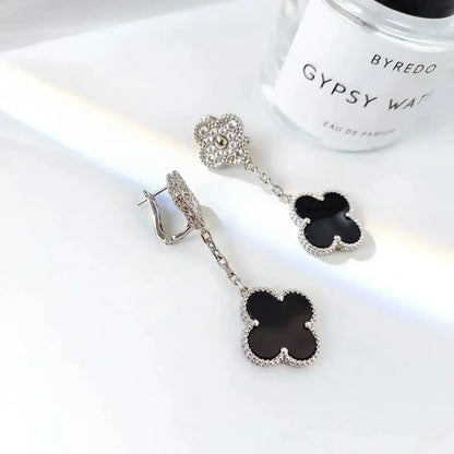 [Baslove]CLOVER 2 MOTIFS  DIAMOND ONYX EARRINGS SILVER