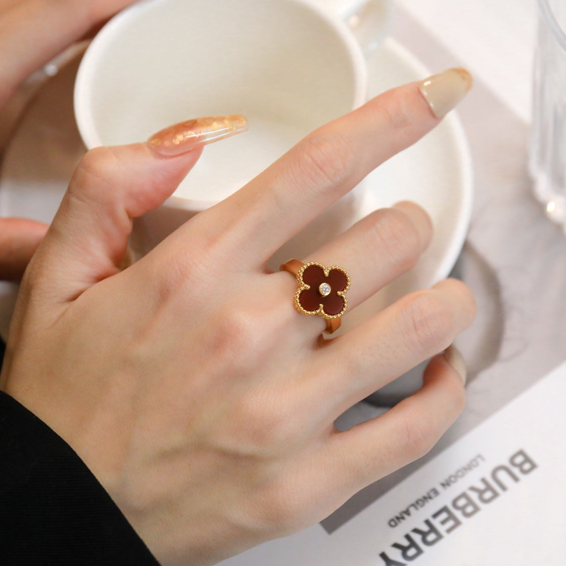 [Baslove]CLOVER CARNELIAN RING ROSE GOLD DIAMOND