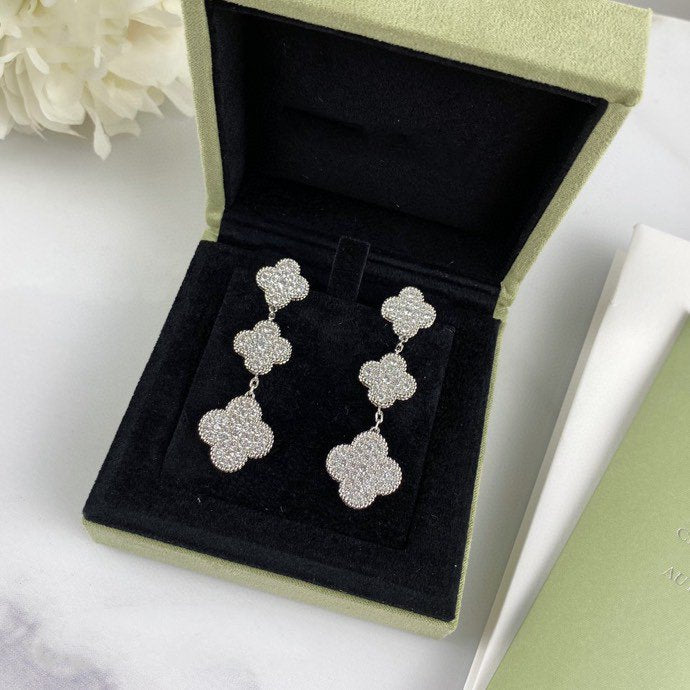 [Baslove]CLOVER 3 MOTIF DIAMOND SILVER DROP EARRINGS