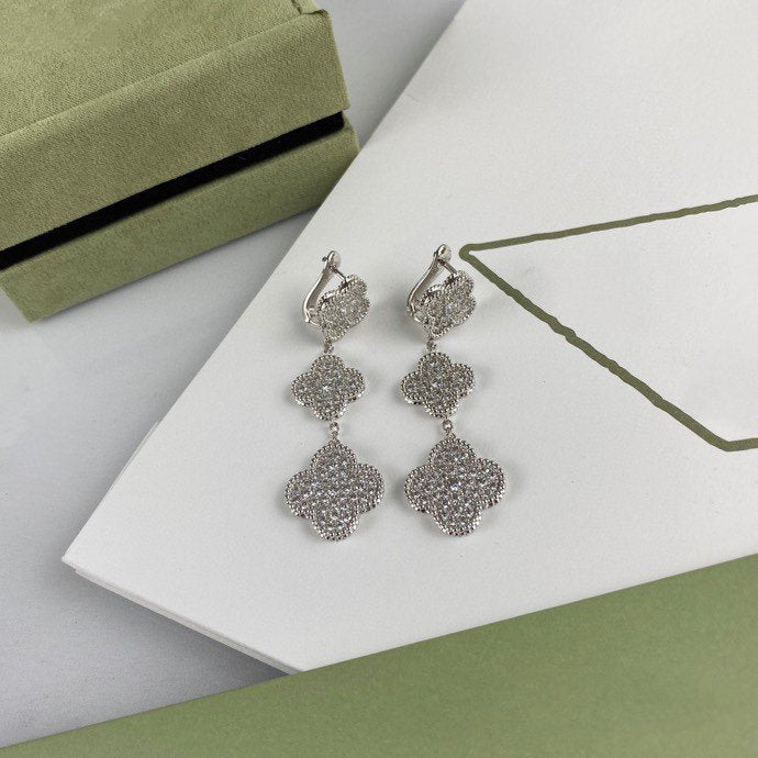 [Baslove]CLOVER 3 MOTIF DIAMOND SILVER DROP EARRINGS