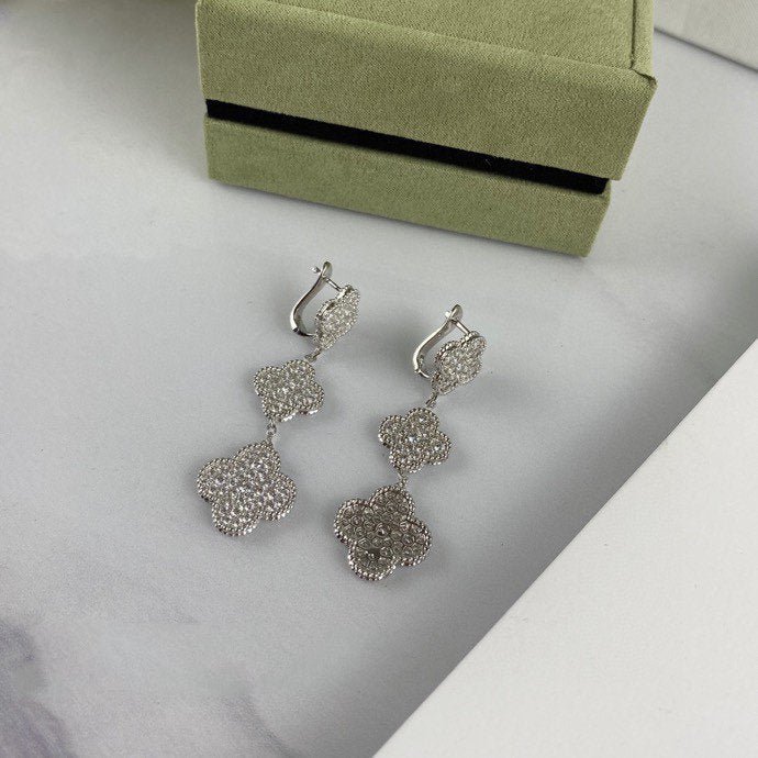 [Baslove]CLOVER 3 MOTIF DIAMOND SILVER DROP EARRINGS