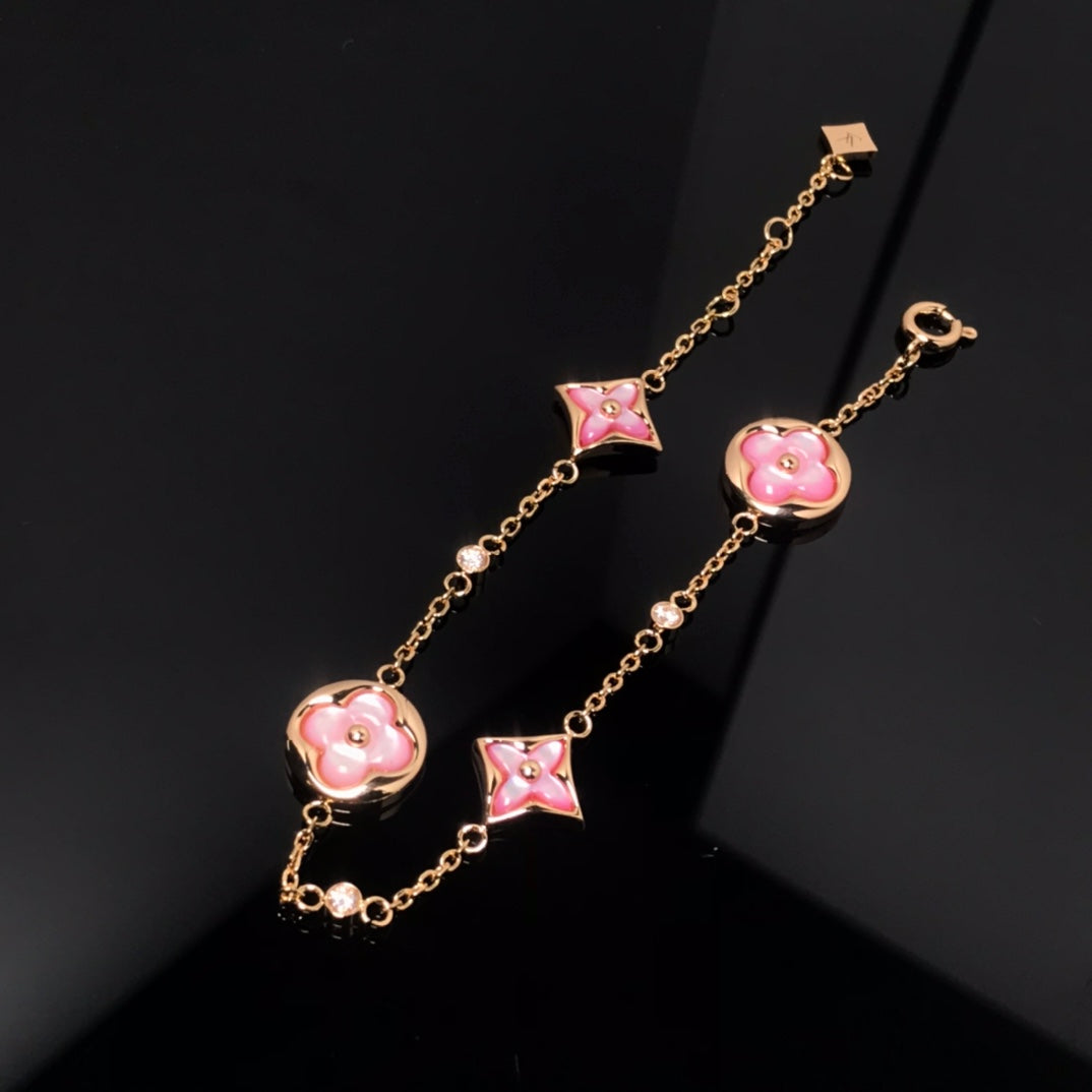 [Baslove]STAR AND SUN 4 MOTIF PINK MOP PINK GOLD BRACELET