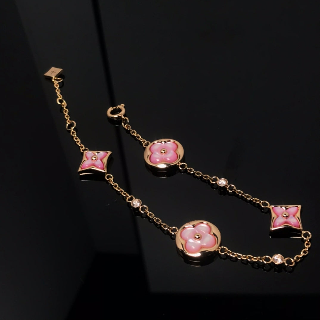 [Baslove]STAR AND SUN 4 MOTIF PINK MOP PINK GOLD BRACELET